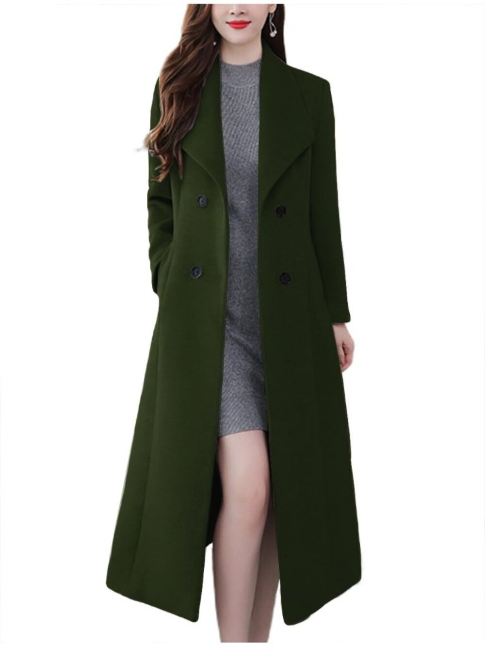 Women's Olive Wool Maxi Long Shawl Collar Double Breasted Classic Trench Coat
